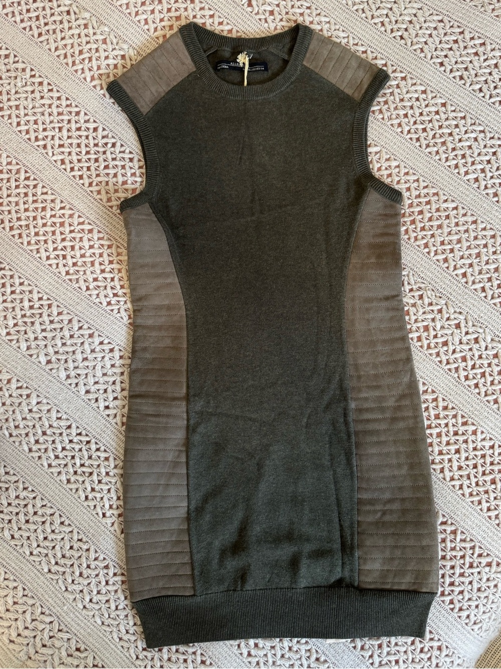 All Saints Sleeveless Olive Leather and Knit Bodycon Jumper Dress